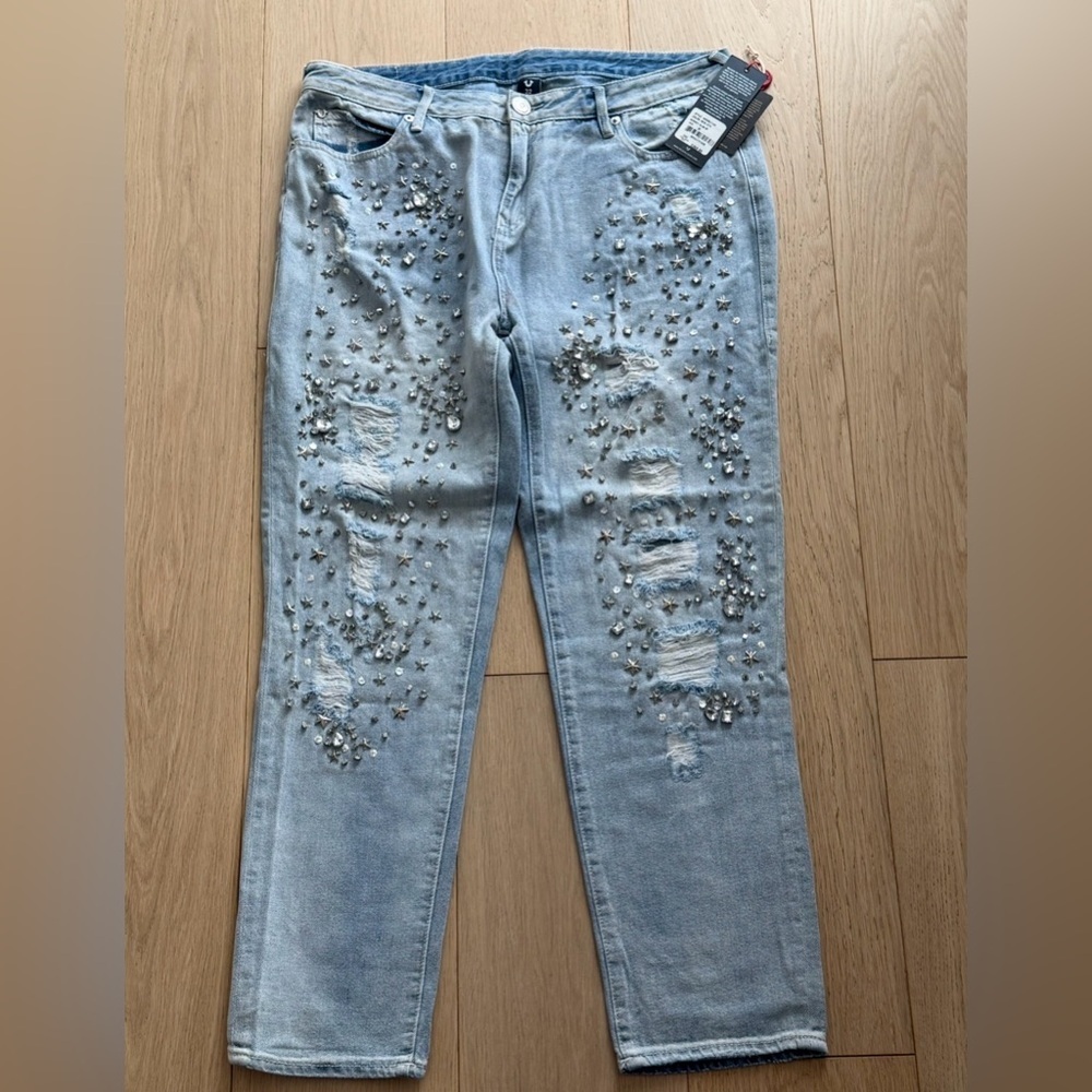 Audrey Slim Boyfriend Jeans 32 Crystal Star Hand Embellished Distressed NWT $369 - Picture 3 of 6
